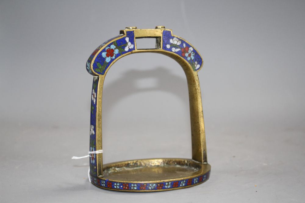 A 19th century Chinese bronze and cloisonne enamel stirrup, H. 14.5cm